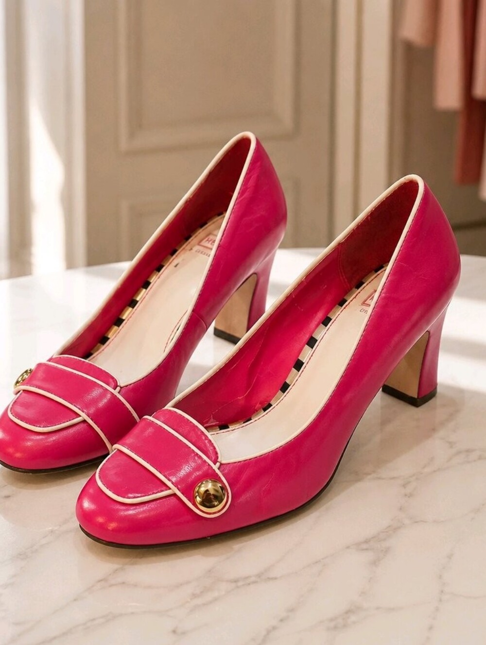 Merona Hot Pink Block Heel Pumps with Gold Button Detail #715